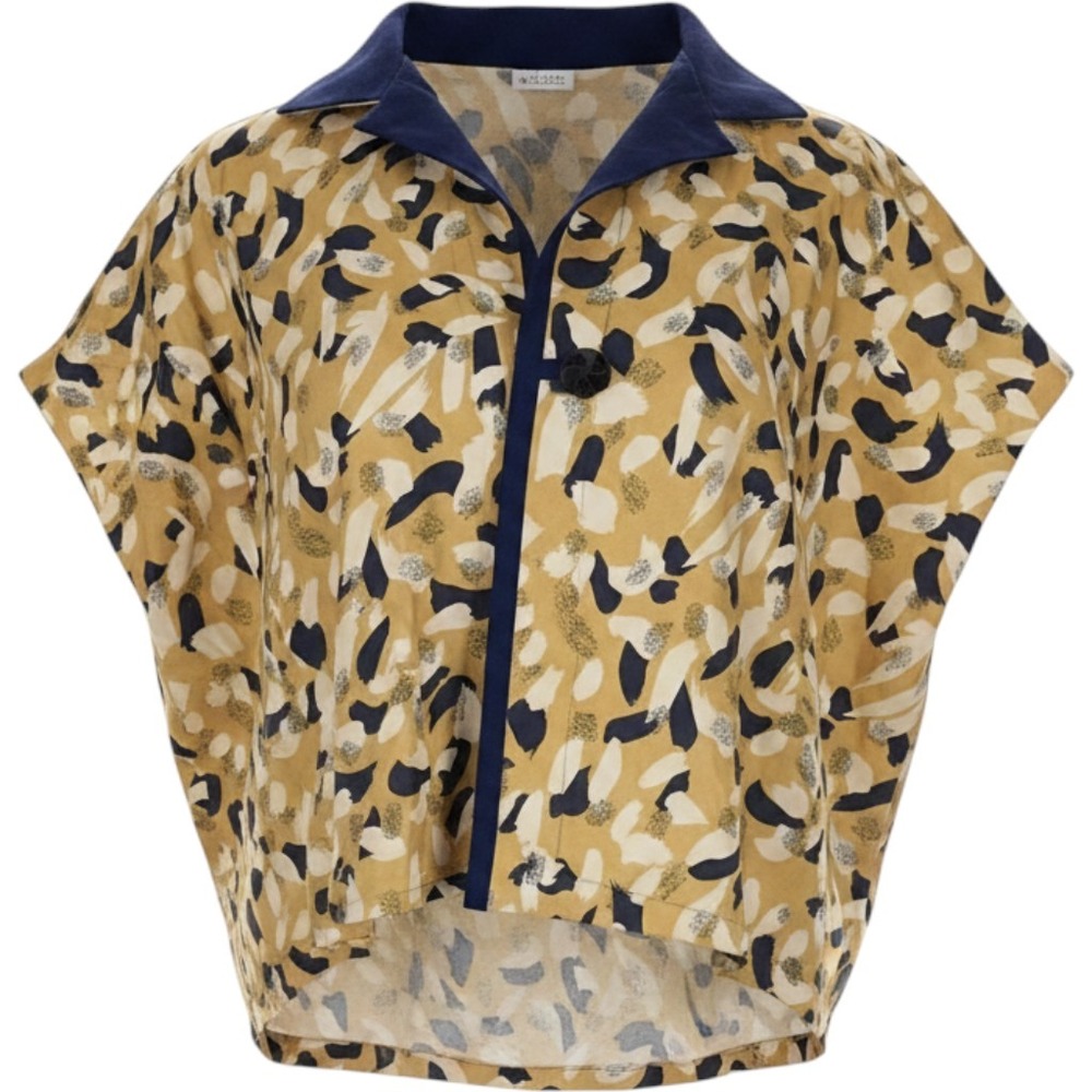 Scozza Fava Gold Collared Blouse Size‎ M w/ painted brush strokes Assymetrical